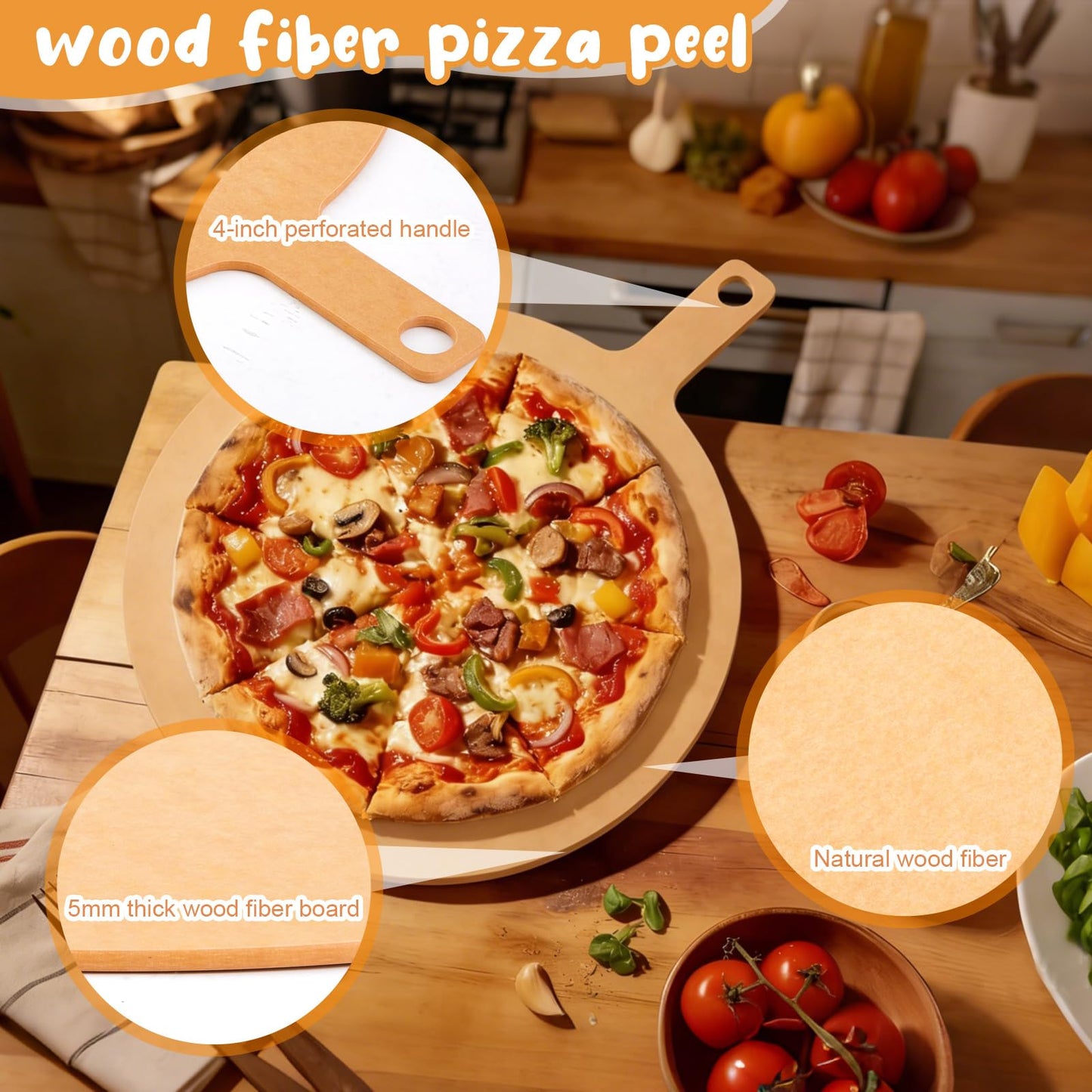 Lounsweer 22" × 18" Round Pizza Board with Handle, Wood Fiber Pizza Peel, Non-slip Cutting & Serving Board, Heavy Duty Wooden Serving Tray for Baking, Charcuterie & Kitchen Use