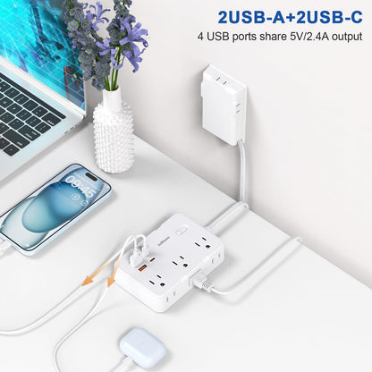 Flat Plug Power Strip Surge Protector, 5ft Ultra Thin Extension Cord with 4 USB Wall Charger(2 USB C Port), 6 Widely-Spaced Outlets Power Strip Compact for Travel, Office, Dorm Room Essentials (White)