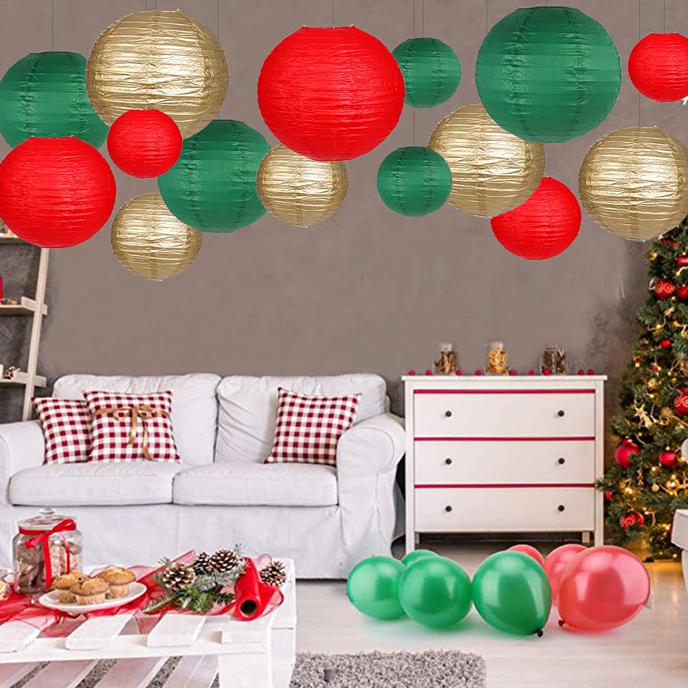 zilue Paper Lanterns Decorative, Round Hanging Paper Lanterns Decorations for Christmas Graduation Anniversary Birthday Party Supplies Green/Red/Gold 15pcs