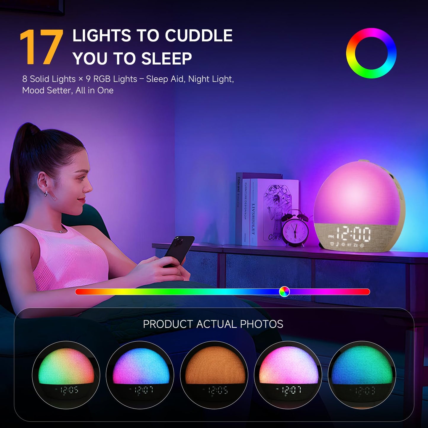 Geuuap Sunrise Alarm Clock White Noise Sound Machine for Bedroom | Natural Wake-Up Light with 30 Soothing Sleep Aids, Bluetooth Speaker, Dimmable Clock, Screen-Free Design for Baby Adults Kids-Khaki