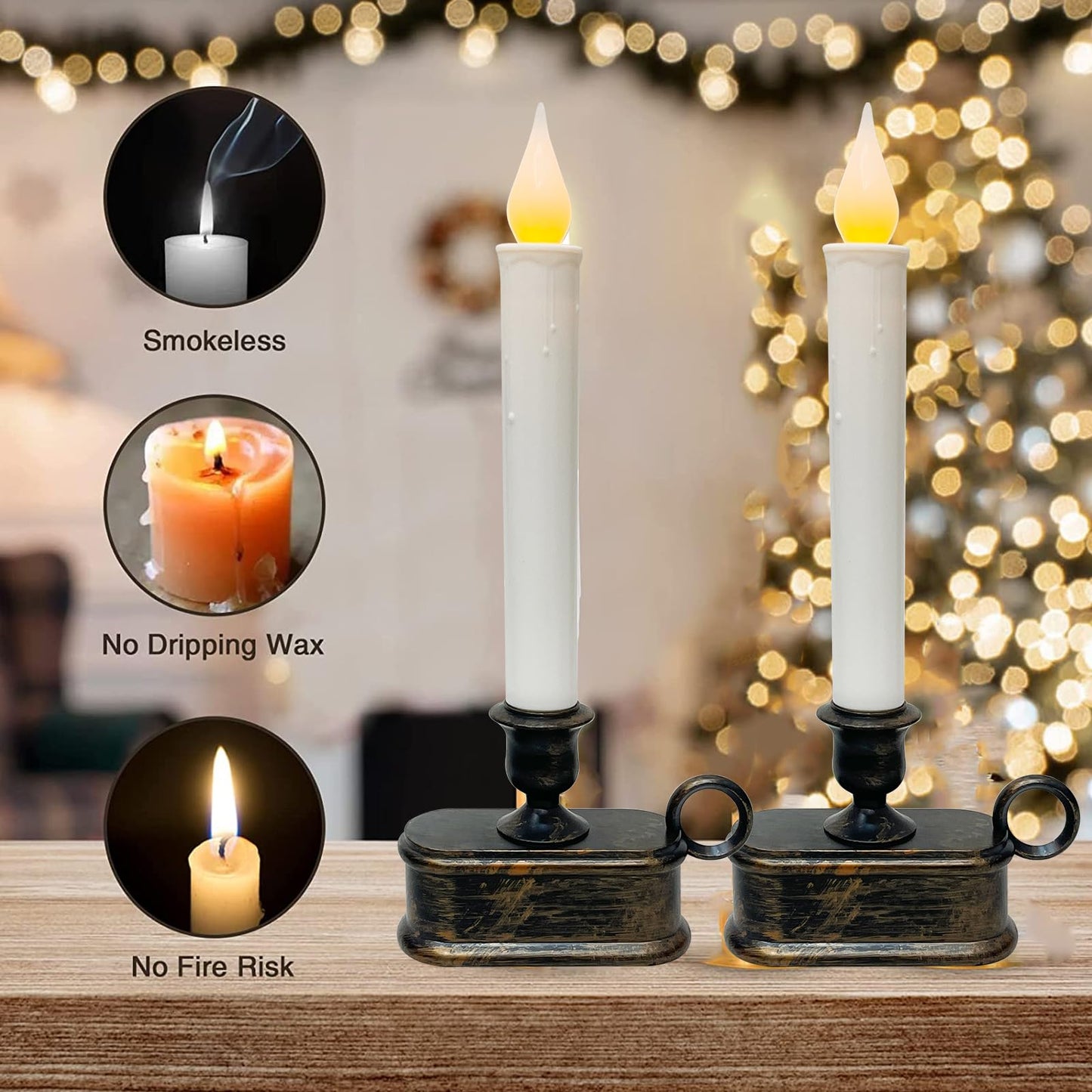 GOOTHY Set of 4 Battery Operated LED Window Candles, Dusk to Dawn Light Sensor, Flicker Flame Christmas Window Candles with Bronze Base, 10 Inch Flameless Taper Candle for Table Bedroom Christmas