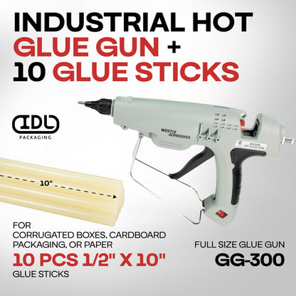 IDL Packaging GG-300 Industrial 300W Hot Glue Gun with 10 pcs Glue Sticks - 1/2" x 10" Full-Size Glue Sticks, Amber - Hot Glue Gun Kit for Corrugated Boxes, Cardboard Packaging, or Paper