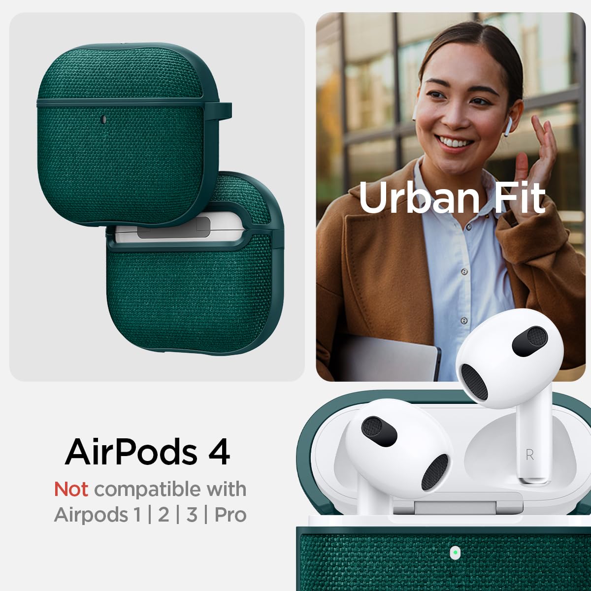 Spigen Urban Fit Designed for AirPods 4 Case (2024) Premium Fabric Cover with Carabiner Key Chain - Midnight Green