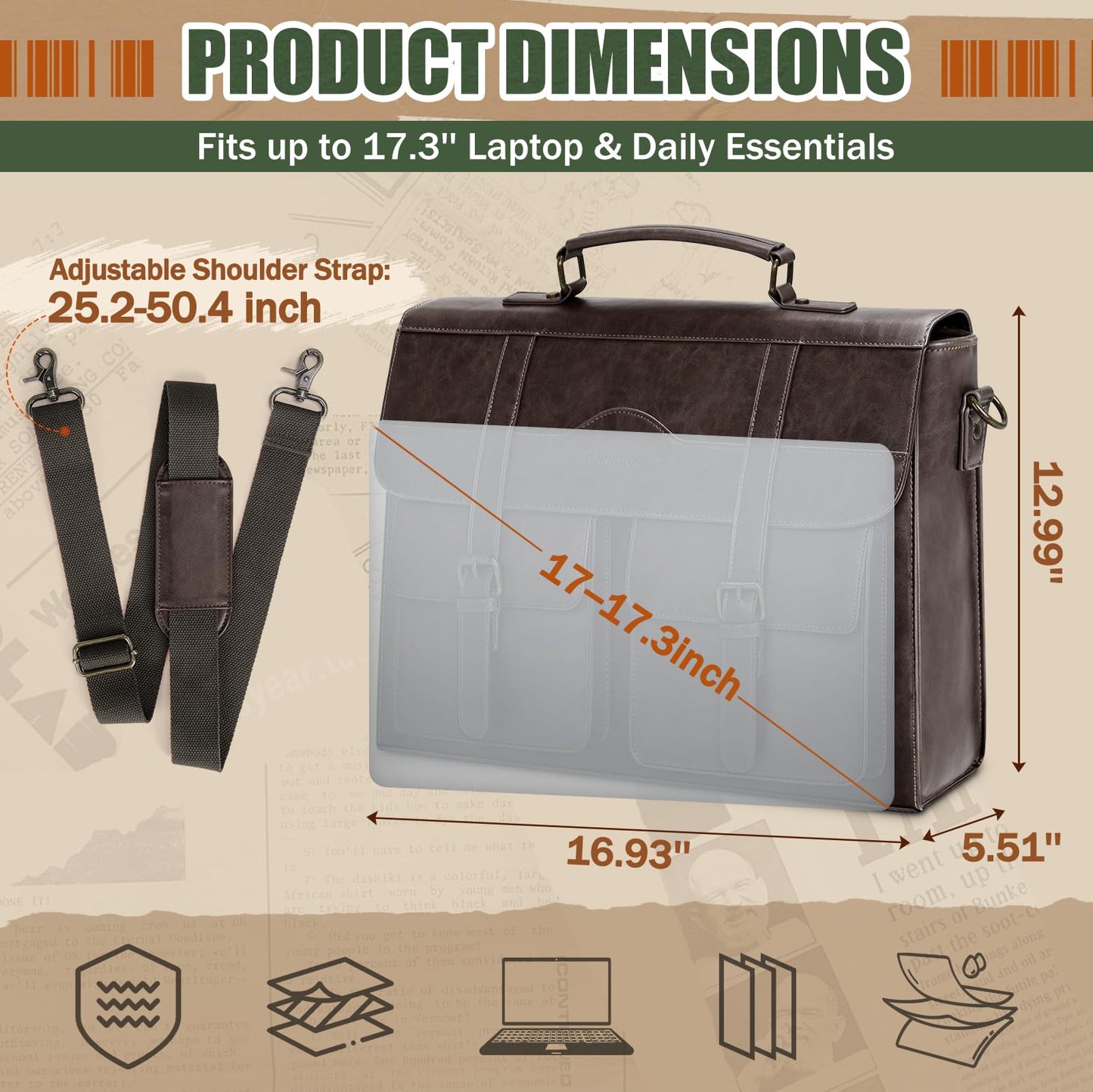 RAINSMORE Mens Messenger Bag 17 Inch Vintage Leather Laptop Briefcase Magnetic Closure Large Satchel Computer Shoulder Bag for Office Travel College, Coffee