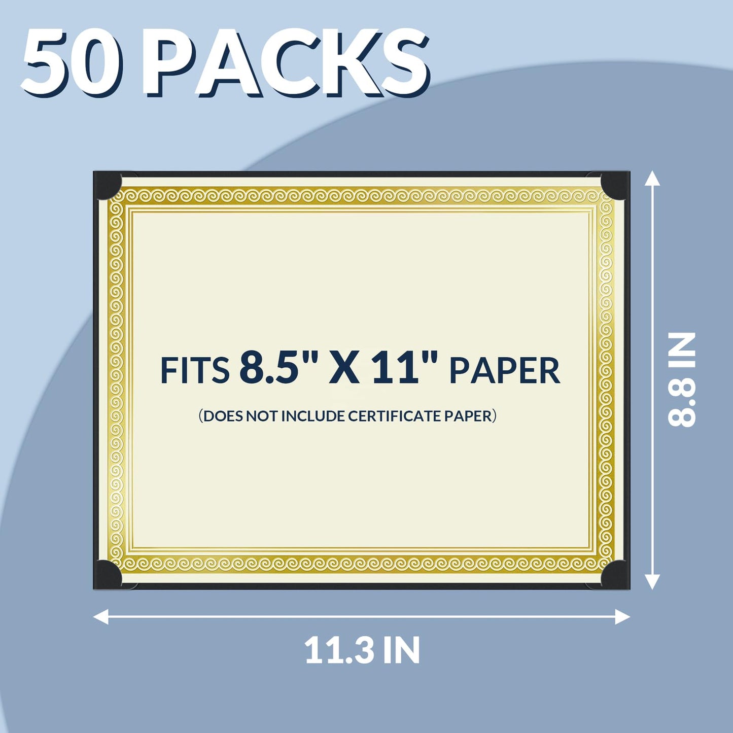 SUNEE Single Sided Certificate Holders, 50 Packs Black Diploma Holders, Certificate Covers with Gold Foil Border for Letter Size 8.5 x 11 Certificate Paper, Cardstock, Award, Graduation, Documents
