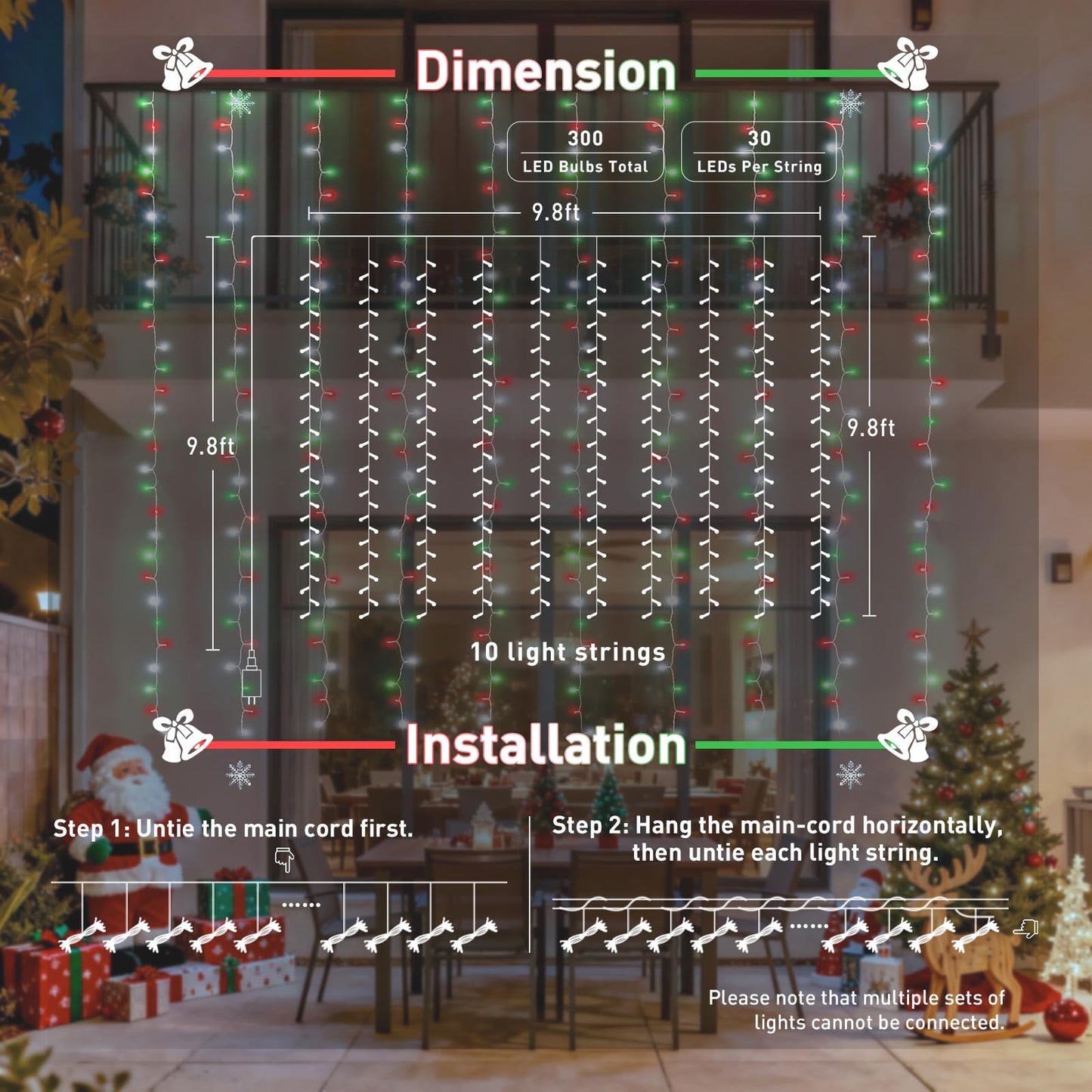 JMEXSUSS 300LED Red White and Green Christmas Curtain Lights with Remote, Indoor Christmas String Lights Plug in, Hanging Twinkle Lights for Bedroom Window Wall Yard Outdoor Xmas Decor, 9.8x9.8ft