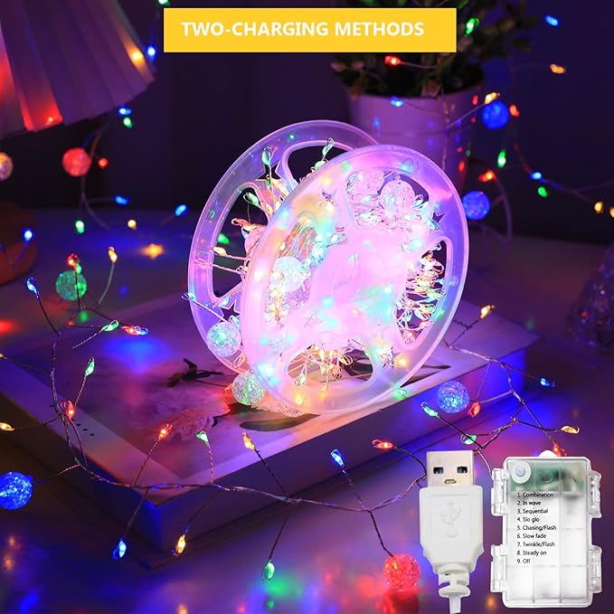 Copper Wire Firecracker Christmas Lights, 6FT 120LED Battery Operated Twinkle Cluster Fairy Lights for Christmas Tree with Remote for Bedroom Dorm Wreath DIY Wedding Christmas Decoration