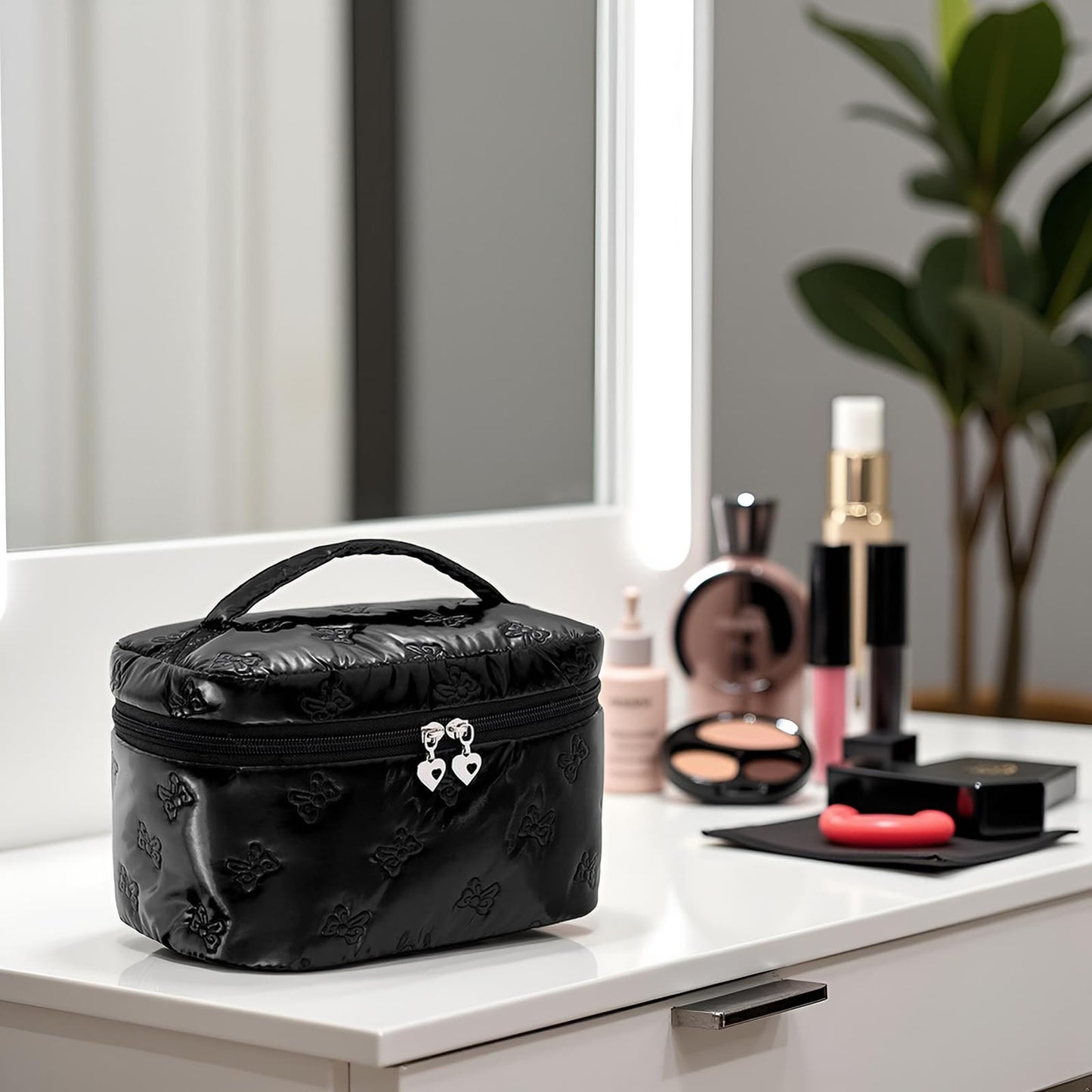 Alamealle Large Cosmetic Bags Travel Makeup Bag with Mesh Pocket Portable Cute Toiletry Bag Aesthetic Make Up Organizer with Handle for Women Girls (Black)