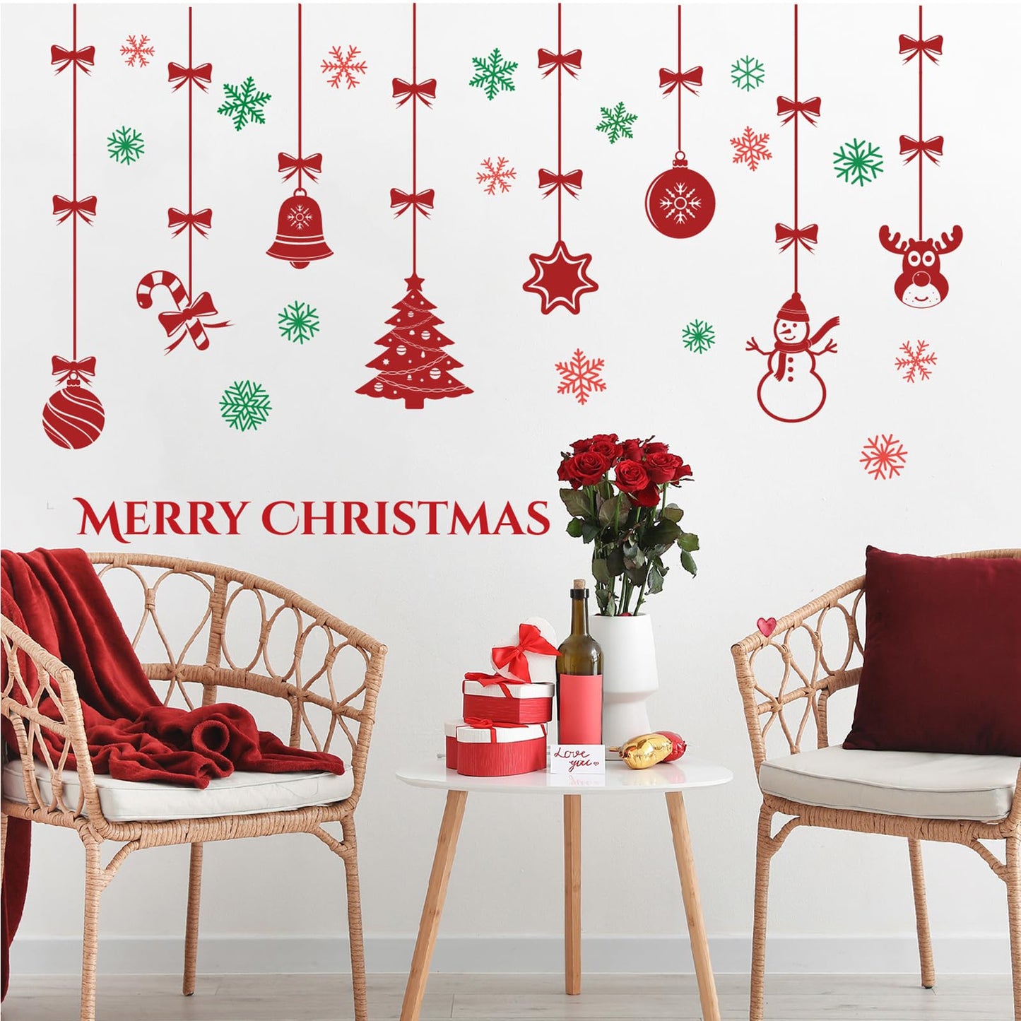Merry Christmas Wall Decals for Bedroom-Hanging Xmas Tree Snowflake Wall Stickers for Living Room Window Door Decor-Removable Art Mural for Kids Baby Gift Nursery Decor Supplies (Red)
