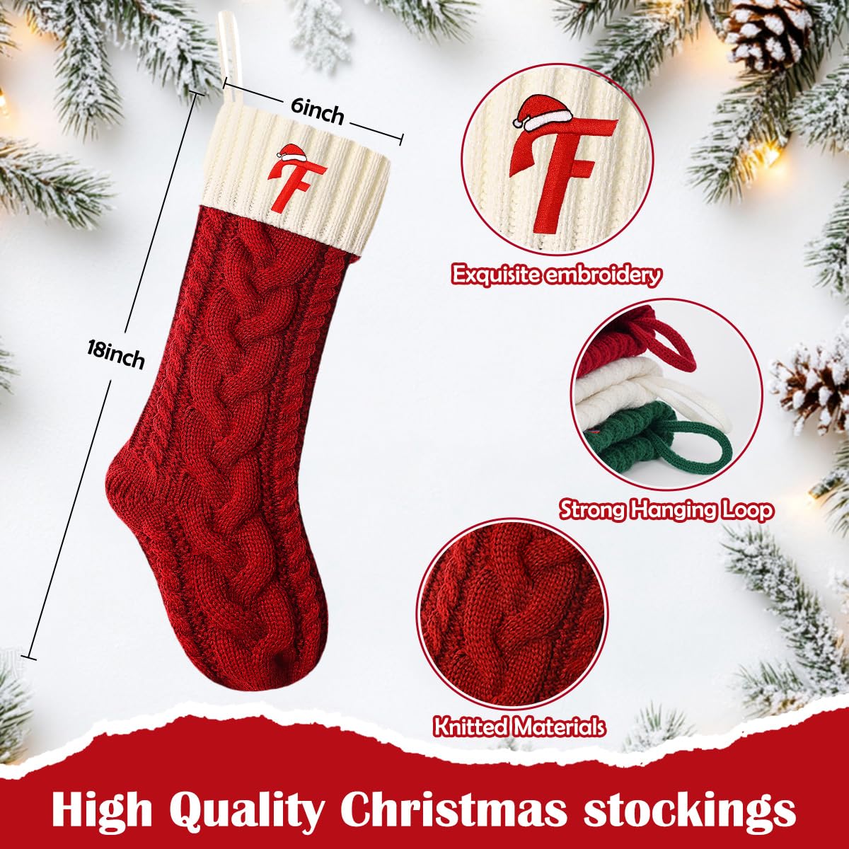 Ulico 18’’ Large Christmas Stockings with Initials, Embroidered Monogram Knit Letter Stocking,Xmas Stocking for Kids, Holiday and Family Stocking for Fireplace or Party Decoration,Green White L