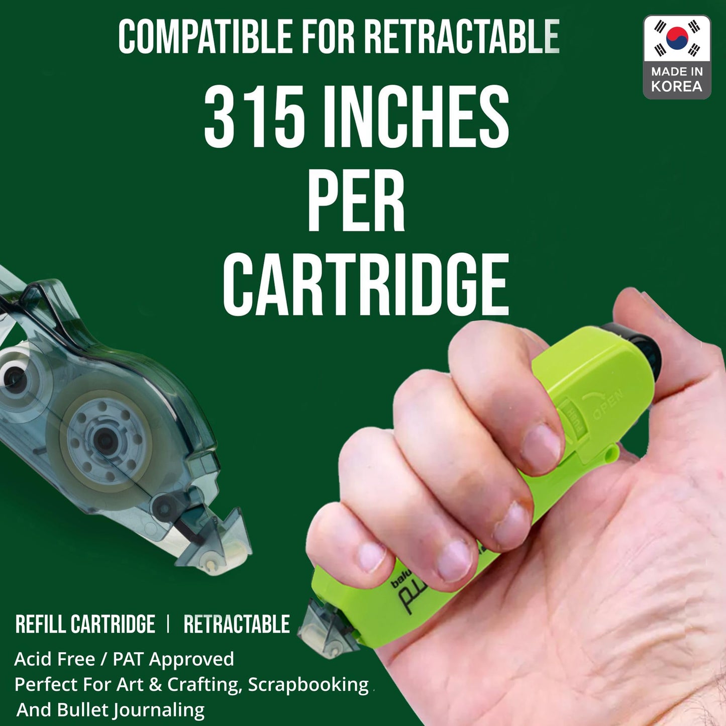 Double Sided Tape with Retractable Dispenser Roller - Permanent, Acid Free, Transparent - 2 Runners & 8 Refill Cartridges - Ideal Scrapbook Supplies & Scrapbooking Supplies Kit - 315 Inches Each