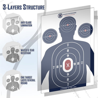 KNINE OUTDOORS Shooting Targets Paper, 12 x18 inch, Bulk for Hunting, Handguns, Pistols, Rifles, Silhouette with Red Bullseye, Blue Design (50 Pack)