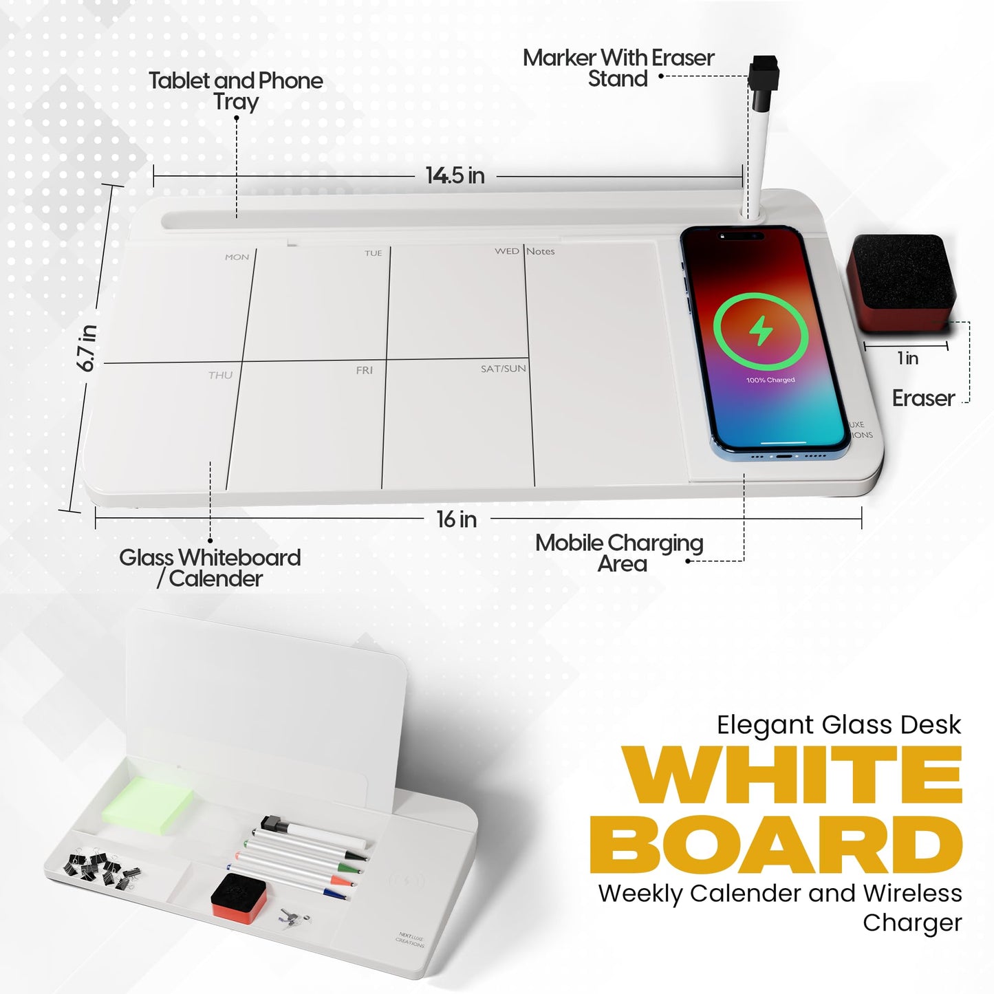NEXTLUXE Glass Desk Whiteboard with Wireless Charger - Desktop Whiteboard with Storage, Weekly Planner, Dry Erase Pad, Organizer Drawer for Home, School, Office Gadgets – White