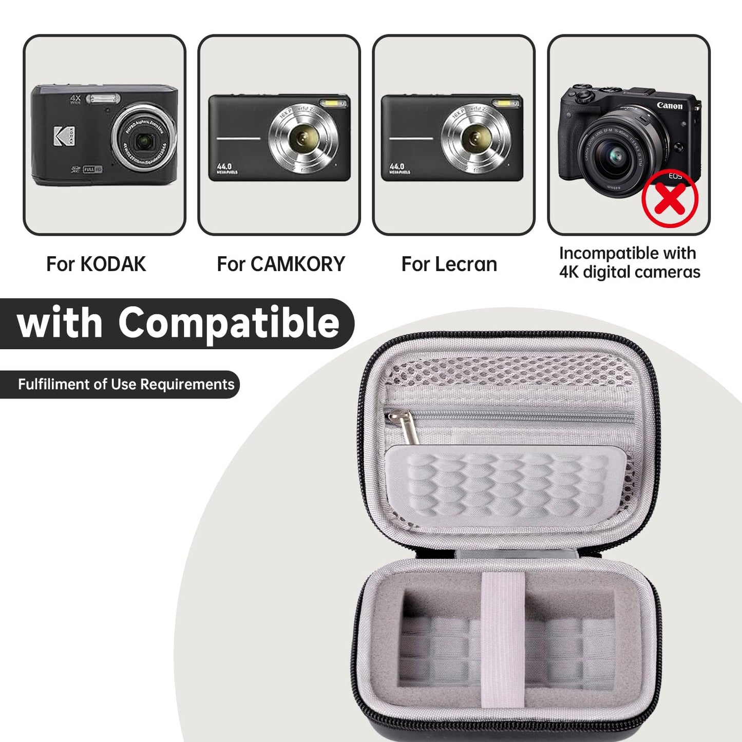 Digital Hard Camera Case Compatible with KODAK PIXPRO FZ55 FZ45/CAMKORY/CANON IXUS/SONY DSC W830 Compact Camera Pouch for Travel,Small Carrying with Mesh Pocket for USB And Charger Storage(Blcak)