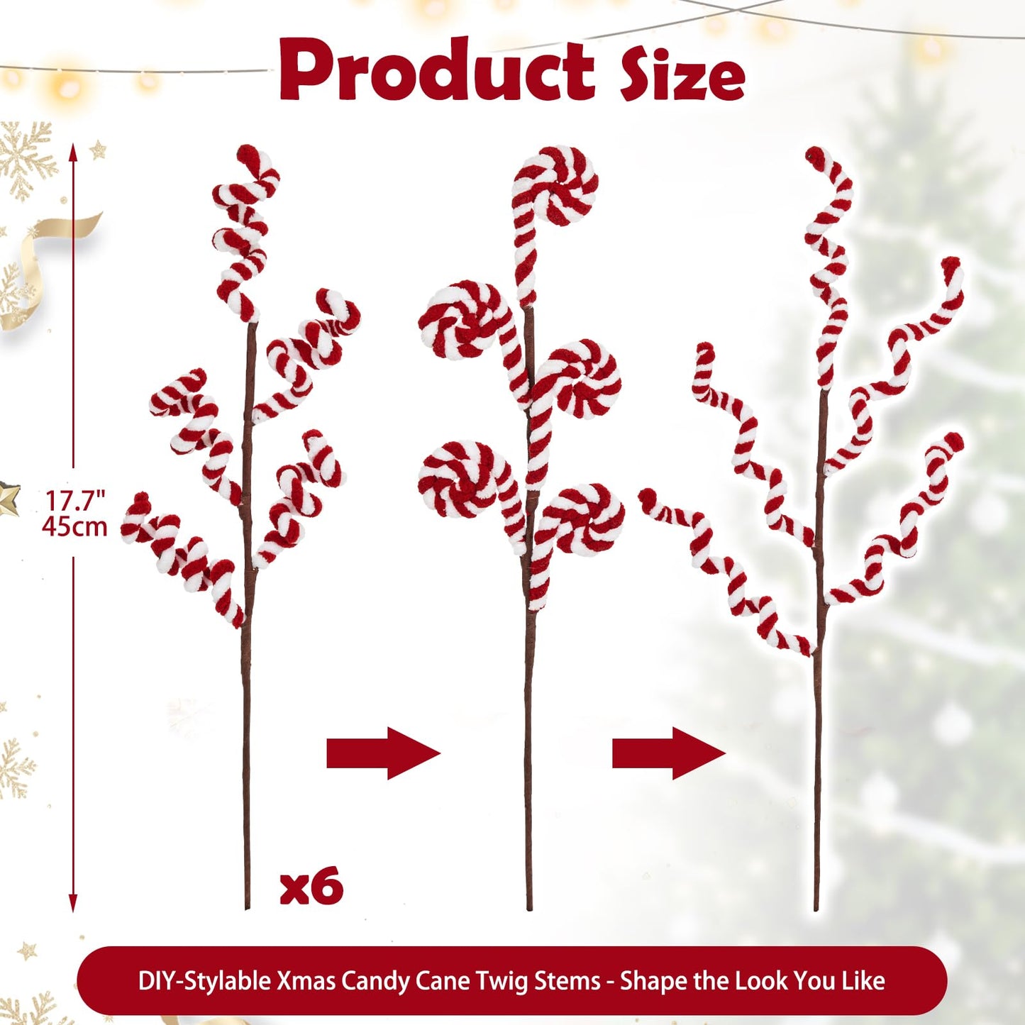 Briful 6 Pack 17.7" Candy Cane Christmas Picks Spray, Red & White Candy Christmas Ornaments Xmas Tree Picks for Holiday Wreath Garland Vase Arrangement Decor