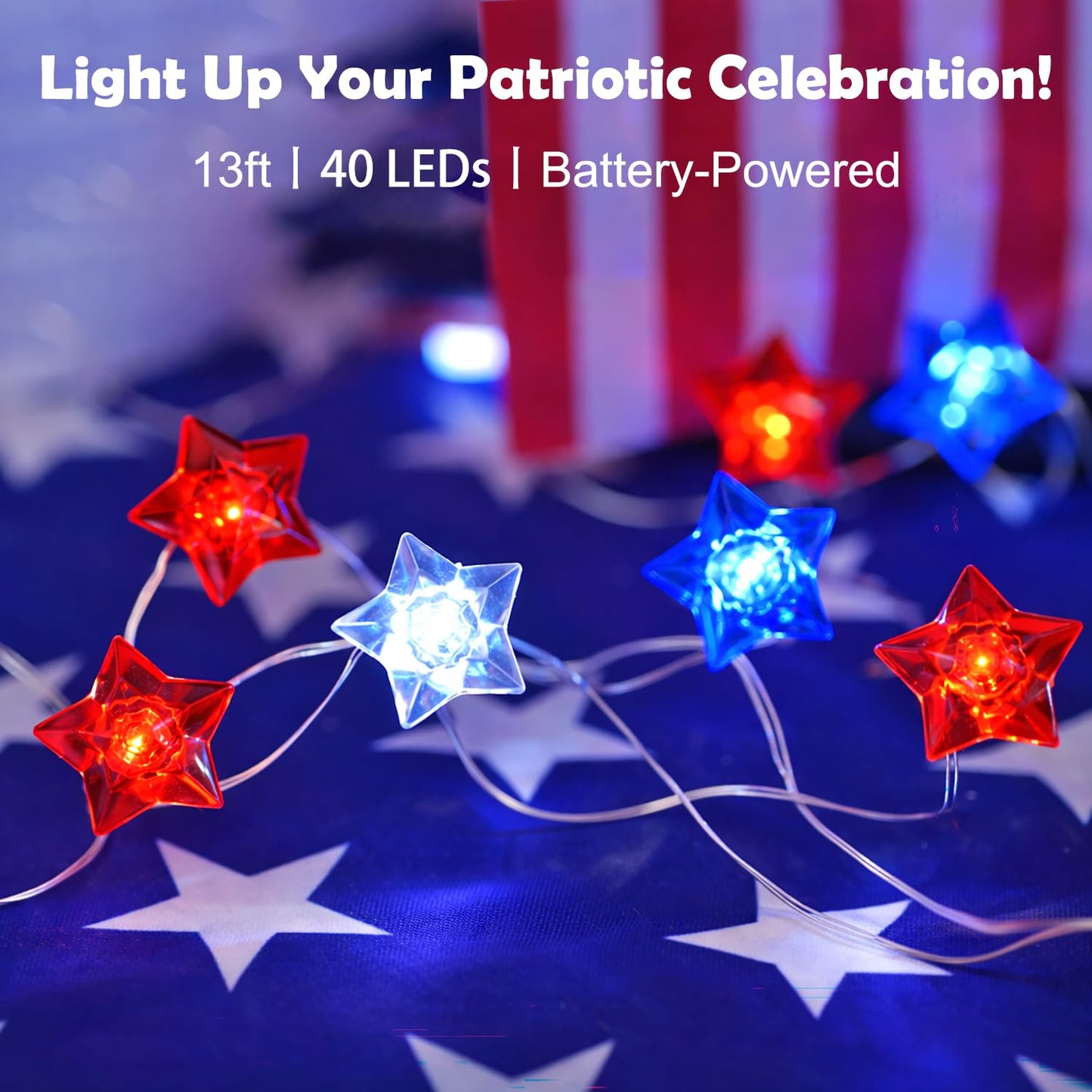 BOHON 4th of July Decorations Battery Operated String Lights with Remote Timer 13 ft 40 LEDs Red White and Blue Lights for Home Patriotic Memorial Independence Day Fourth of July Decor