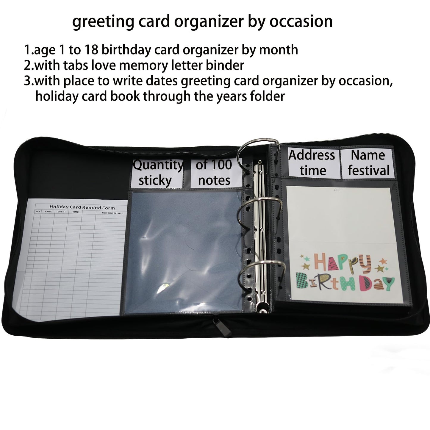 Magiarcana greeting card calendar book,by month set trace holiday monthly birthday 100pcs note organizer,50 double-sided pocket sleeves suitable for 6.5x8.5 inch cards saver binder (black)