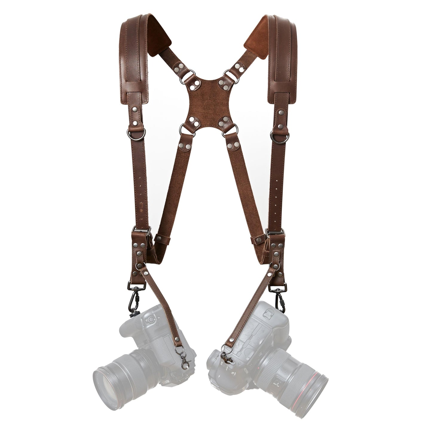 Padwa Lifestyle Dual Camera Harness Strap for Two-Cameras - Dual Shoulder Full Grain Leather Harness,Multi Double Camera Gear for DSLR/SLR Strap,Double Camera Harness for Photographers,Brown
