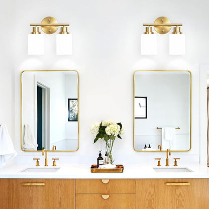2-Light Vanity Lights, Brushed Gold Bathroom Light Fixture with Striped Textured Milky White Glass Shade, Modern Vanity Lighting Fixture for Bathroom Wall Light Over Mirror, E26 Wall Sconce