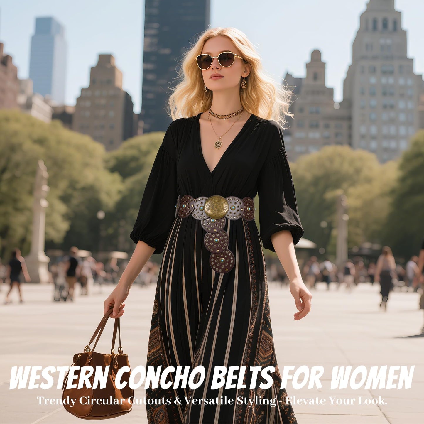 QILVYTH Western Leather Belts for Woman Boho Cowgirl Wide Disc Belt for Women Concho Cowboy Waist Belts for Dress Chocolate-bronze 48'' (fits waist size up to 45'')
