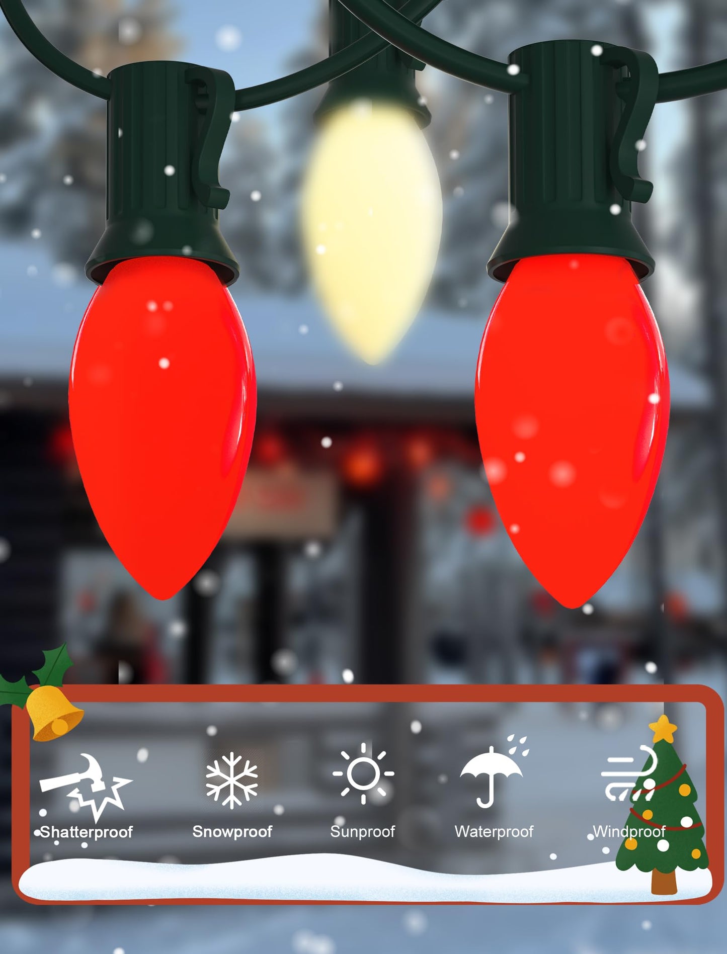C9 LED Red and White Christmas Lights, 25ft C9 Outdoor Christmas Lights with 25 LED Red and White Plastic Bulbs, Outdoor String Lights for Patio Home Party Yard Xmas Tree Decoration-Green Wire