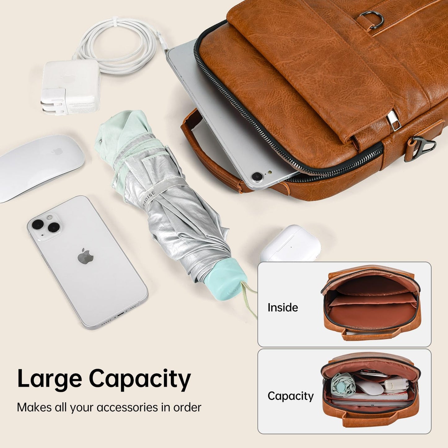 13 Inch Laptop Shoulder Bag Leather Briefcase for 2026 Macbook Neo A18, Macbook Air 13" M5 M4 M3 /Macbook Pro 14" M5 M4, iPad Air 13"/Pro 13" M5 M4, Vertical Laptop Sleeve Messenger Computer Bag,Brown