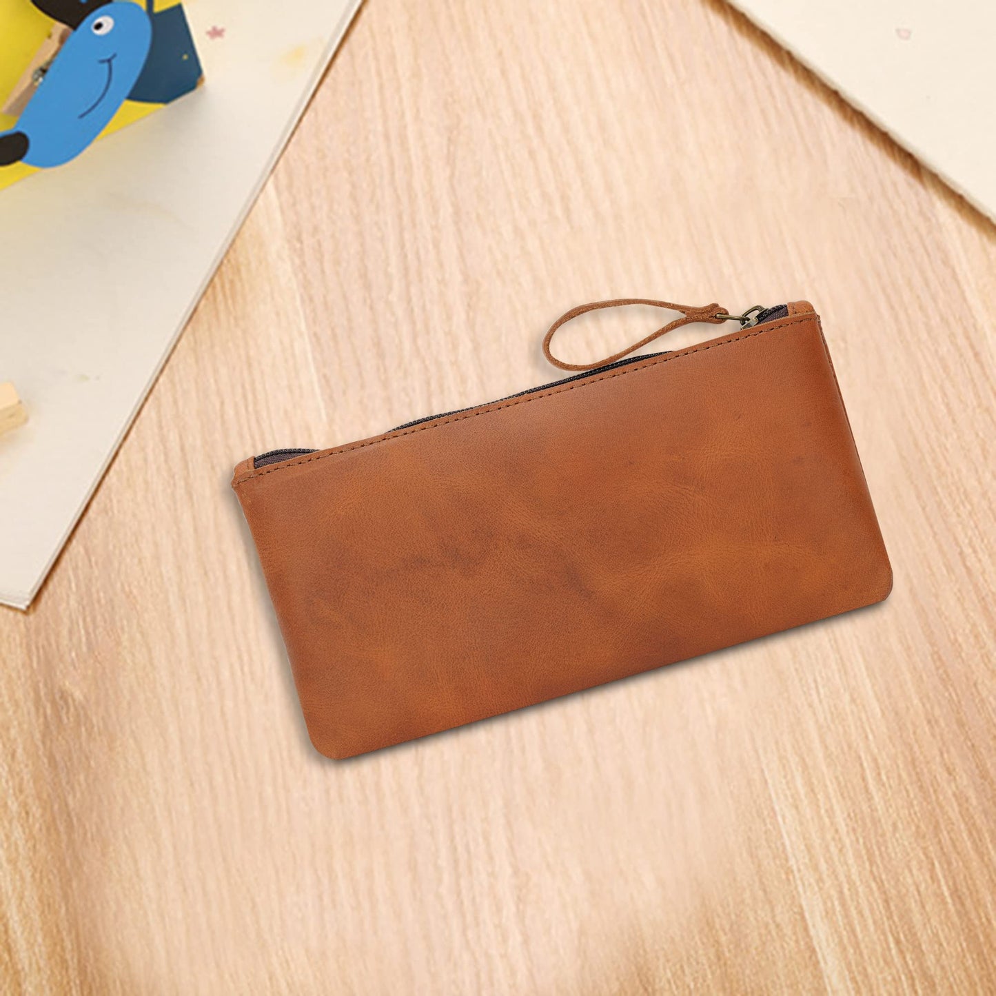 TheAntiq Leather Pencil Pouch, Currency Pouch, Leather Pencil Case, Zippered Pouch Paper Money, Pen Case, Pen and Marker Case, Pencil Case For Artists & Professionals (Tan)