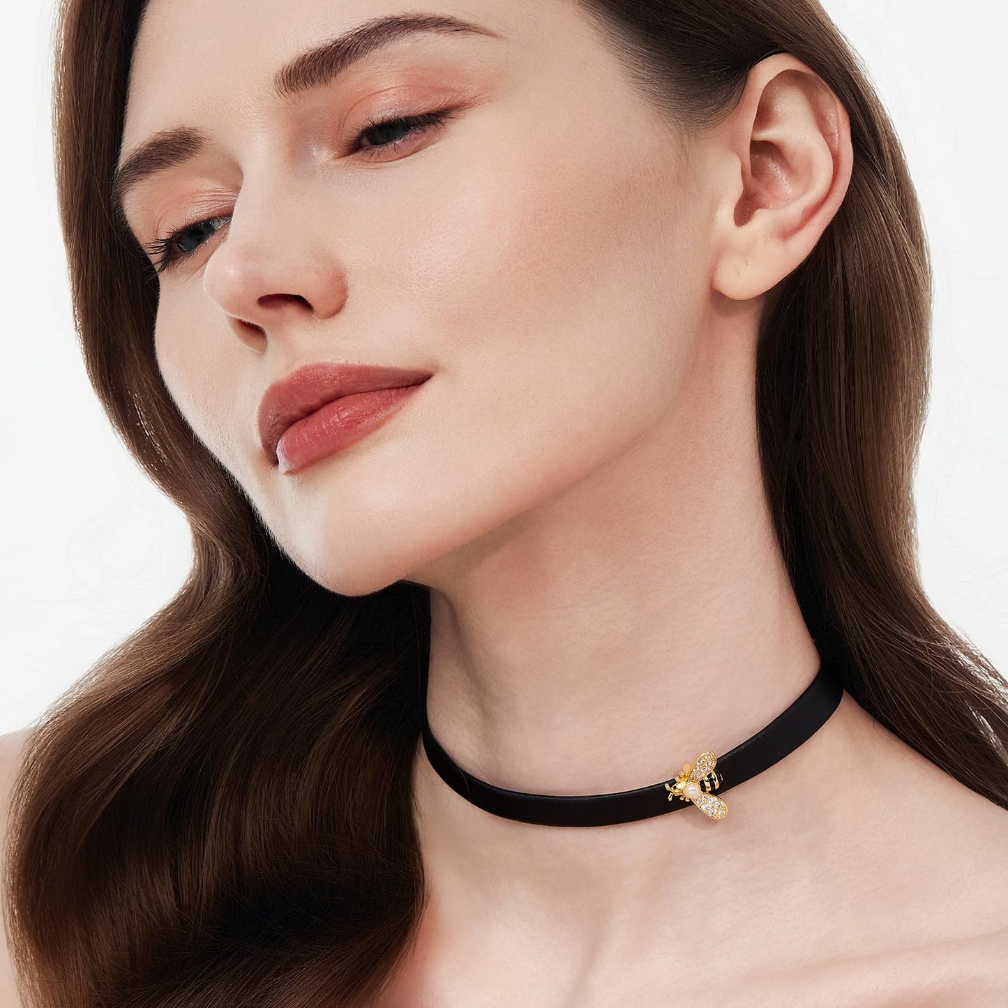 Cicy Bell Womens Black Choker Necklace 18k Gold Plated Brass Adjustable Faux Leather Punk Bumble Bee Round Party Collars Jewelry for Lover Friends