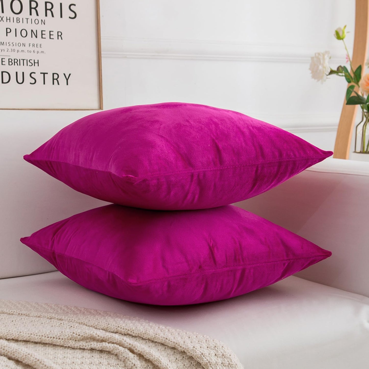 HERAYLI Velvet Decorative Throw Pillow Covers, Soft Square Cushion Case Home Decor for Living Room Couch Bed Sofa, Set of 2 Pack, Hot Pink, 20x20 Inch
