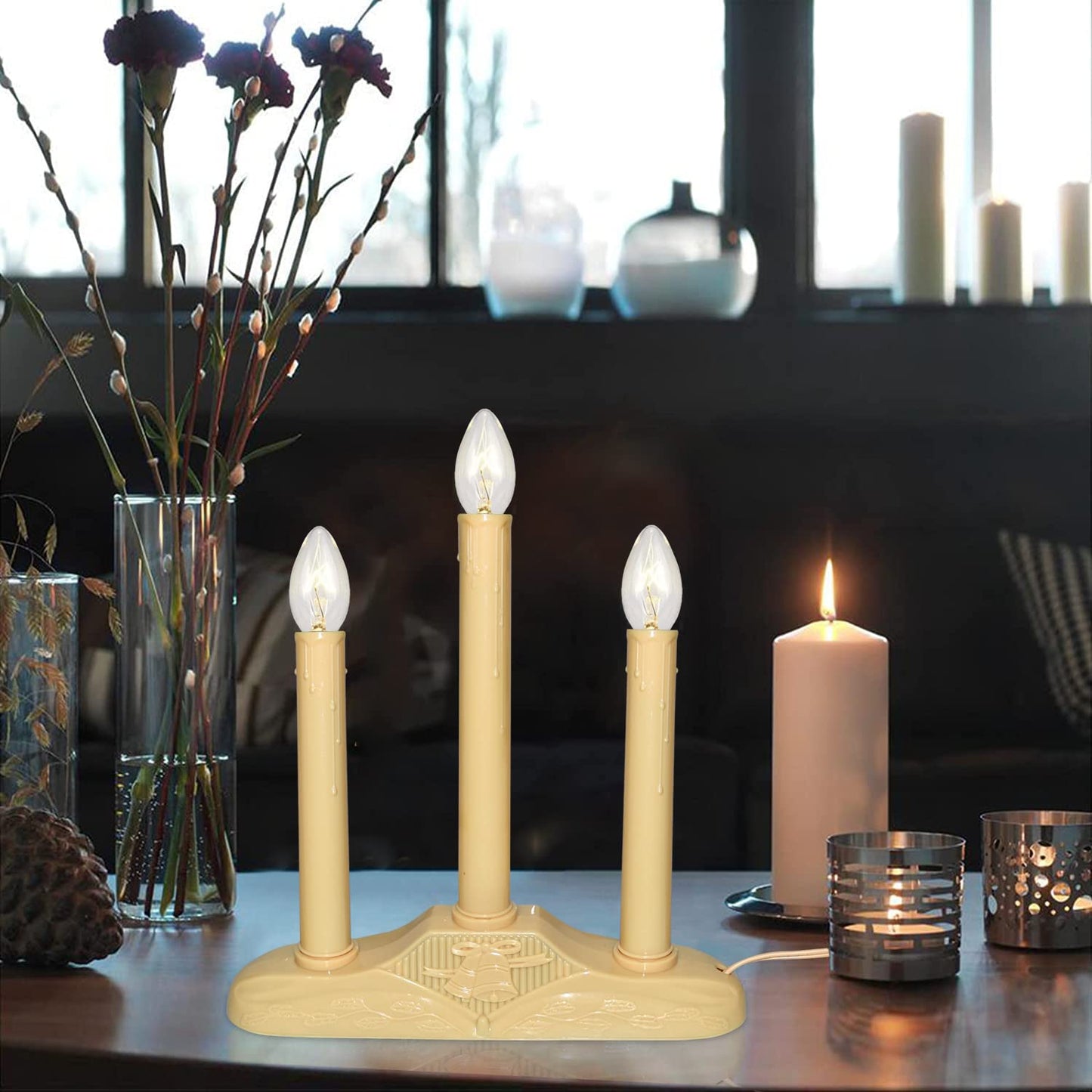Oviejo 3 Light Christmas Window Candles, Electric Window Candle Lamp Lights Plug in Christmas Candle Lamp with 4 C7 Clear Bulbs (1 Spare Bulbs), Ivory Bases Plug in Candle for Decorations