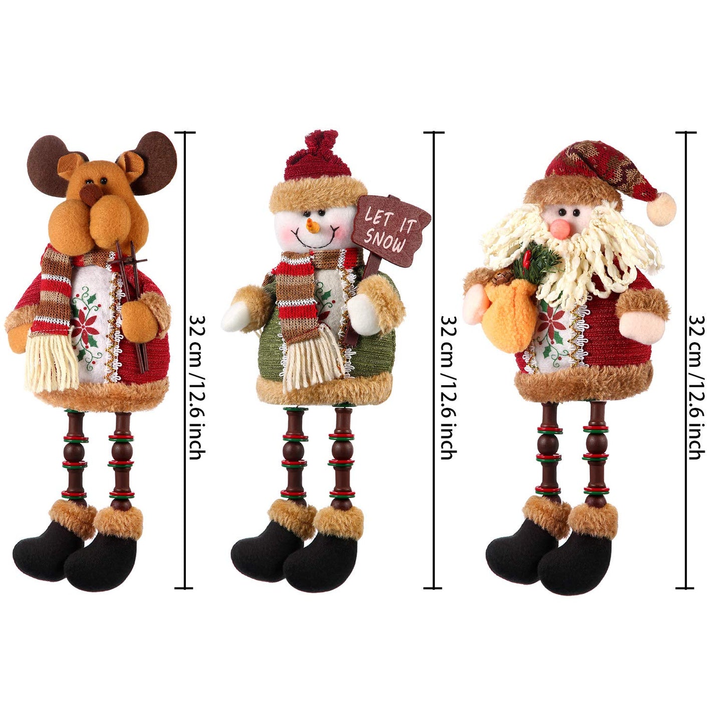 Sumind 3 Pcs Christmas Sitting Doll Santa Claus Snowman Reindeer Sitter Christmas Ornament with Long Legs Xmas Figurines Plush for Table Fireplace Home Decoration