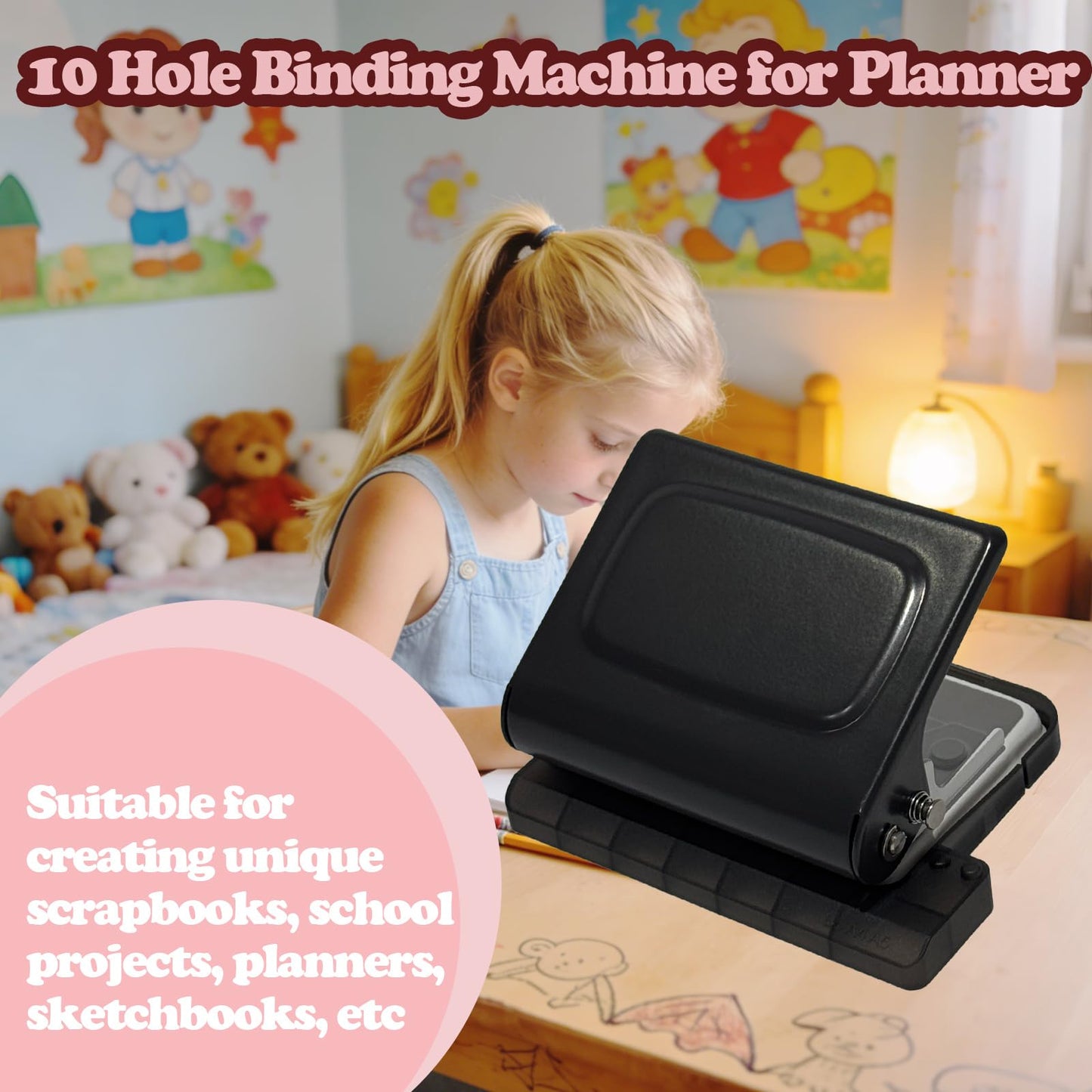 10 Hole Punch Binding Machine for Planners, Manual Paper Puncher for DIY Loose Leaf Notebooks, Includes 18 Colorful Binder Rings, Perfect for A4/A5/B5 DIY Scrapbooking, Black