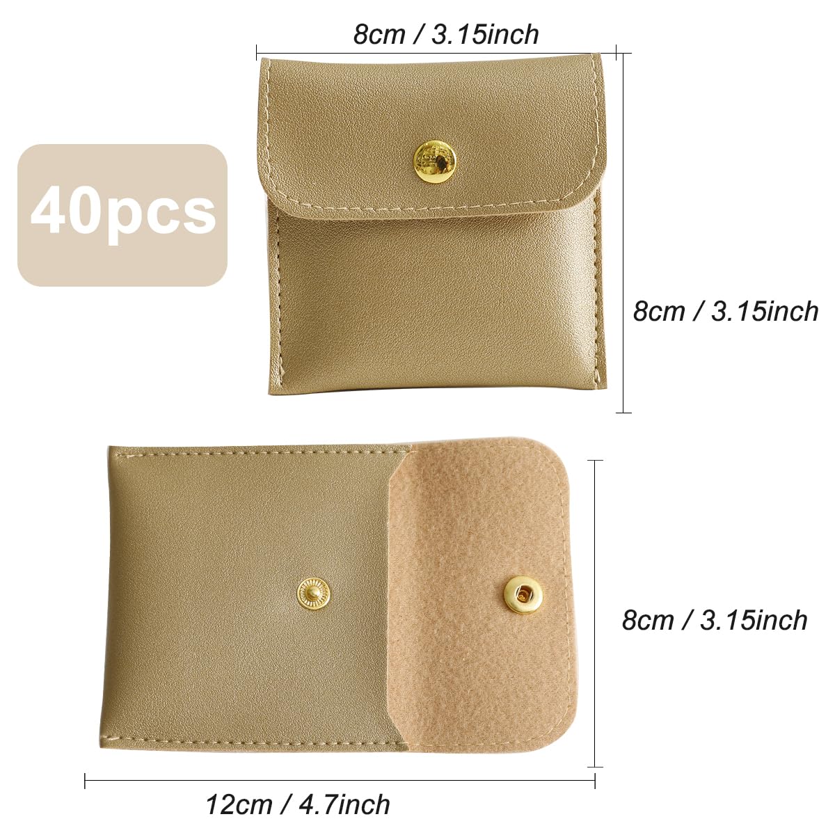 40pcs PU Leather Small Bags for Jewelry 8 x 8cm Snap Button Jewelry Packaging Bag Gold Luxury Small Favor Bags Jewelry Gift Bags for Earrings Necklaces Bracelet Ring