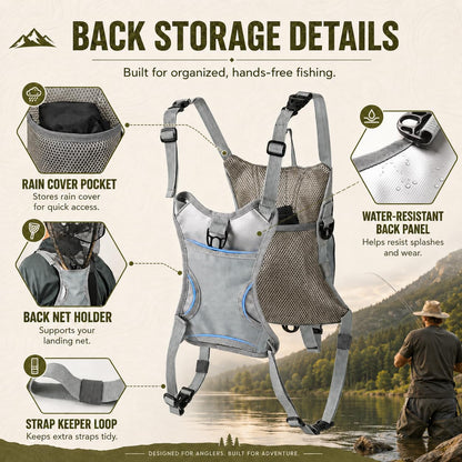 Qiullen Fly Fishing Chest Pack,Waterproof Tackle Bag with Zip-Down Workstation,Fly Box Storage,Net Holder,Adjustable Straps for Wading and Stream Fishing