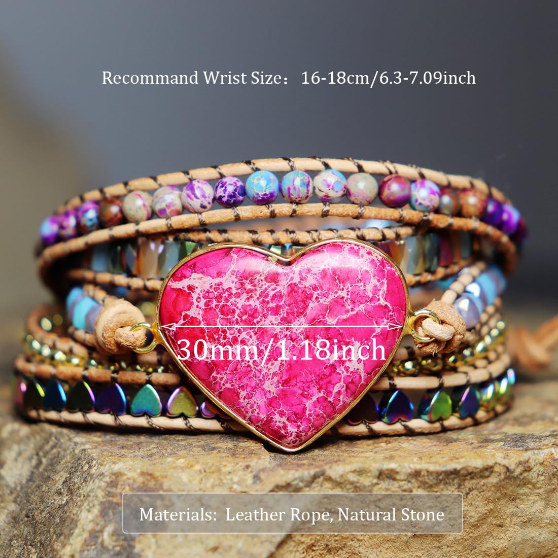 YGLINE 5 Wrap Leather Bead Bracelet for Men Women Cuff Rope Adjustable Handmade Yoga Healing Stone Beads Bracelet
