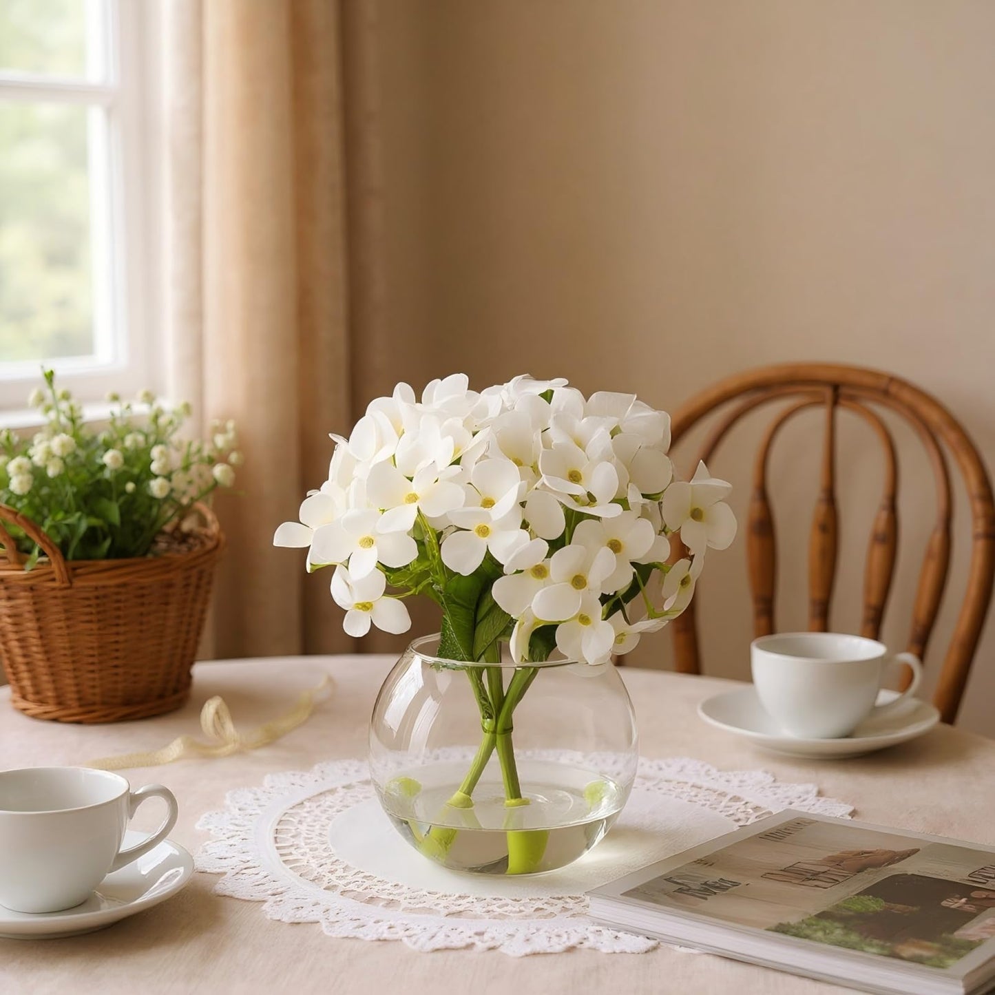 CZWBE 2 Pcs Hydrangea Artificial Flowers - Fake Flowers Real Touch Floral Arrangement with Faux Water in Glass Vase, Home, Bathroom and Office Table Centerpiece Decor（White）