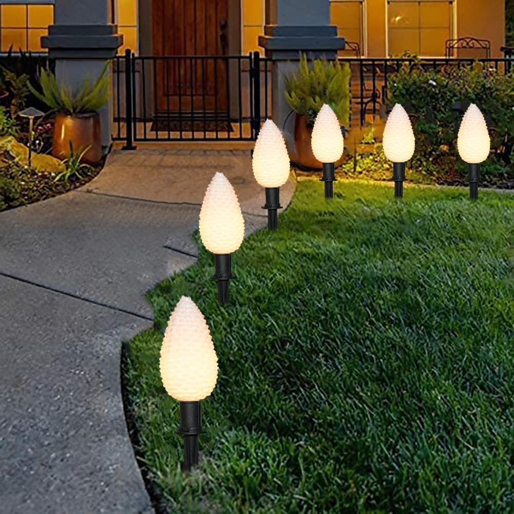 C9 Christmas Pinecone Path Marker Light,1 Pack 7 Ft Expandable Path Light String with 4 LED Pinecone Lights with 4 Stakes Waterproof Christmas Lawn Walkway Lane Marker Lighting Decoration, Green Wire