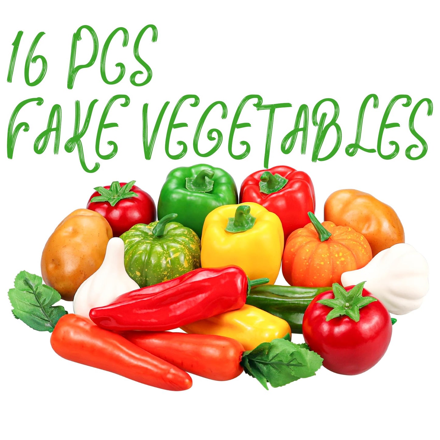 Tenorbass 16 Pieces Fake Vegetables, Artificial Vegetables for Decoration Kitchen, Realistic Faux Vegetables Props Display, Fake Tomatoes Potatoes Garlic Bell Peppers