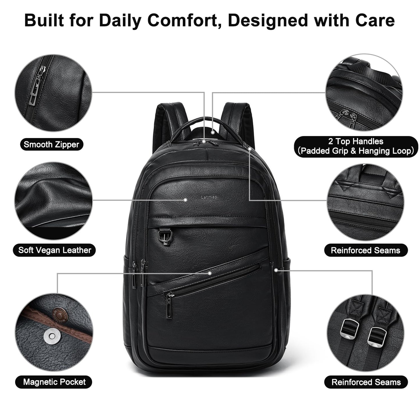LATMAP 43L Backpack for Women Men - Vegan Leather Backpack Purse Travel Carry-on Bag College Bookbag Work fits 17" Laptop, Black