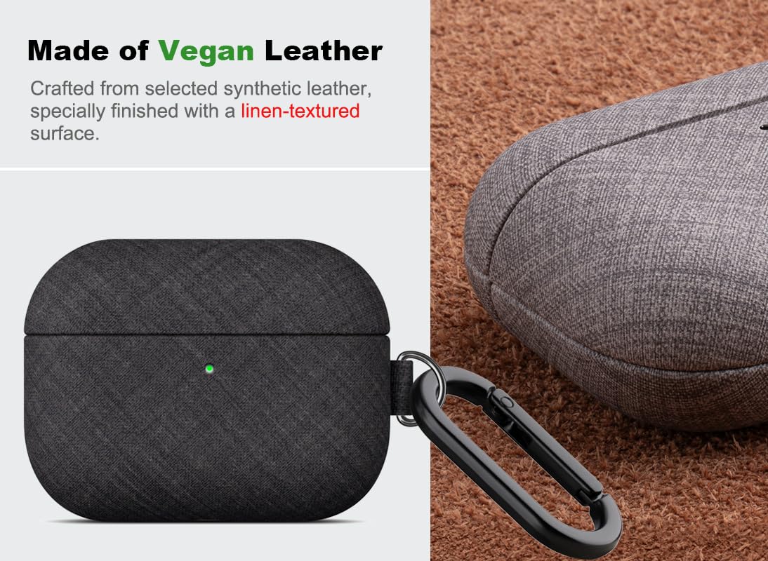 Haobobro Handmade Case - for AirPods Pro 3 Case Cover with Keychain - Selected Skin-friendly Vegan Leather, Linen Cloth style, Drop Protective Hard Cover for AirPods Pro 3rd Generation Earbuds - Black