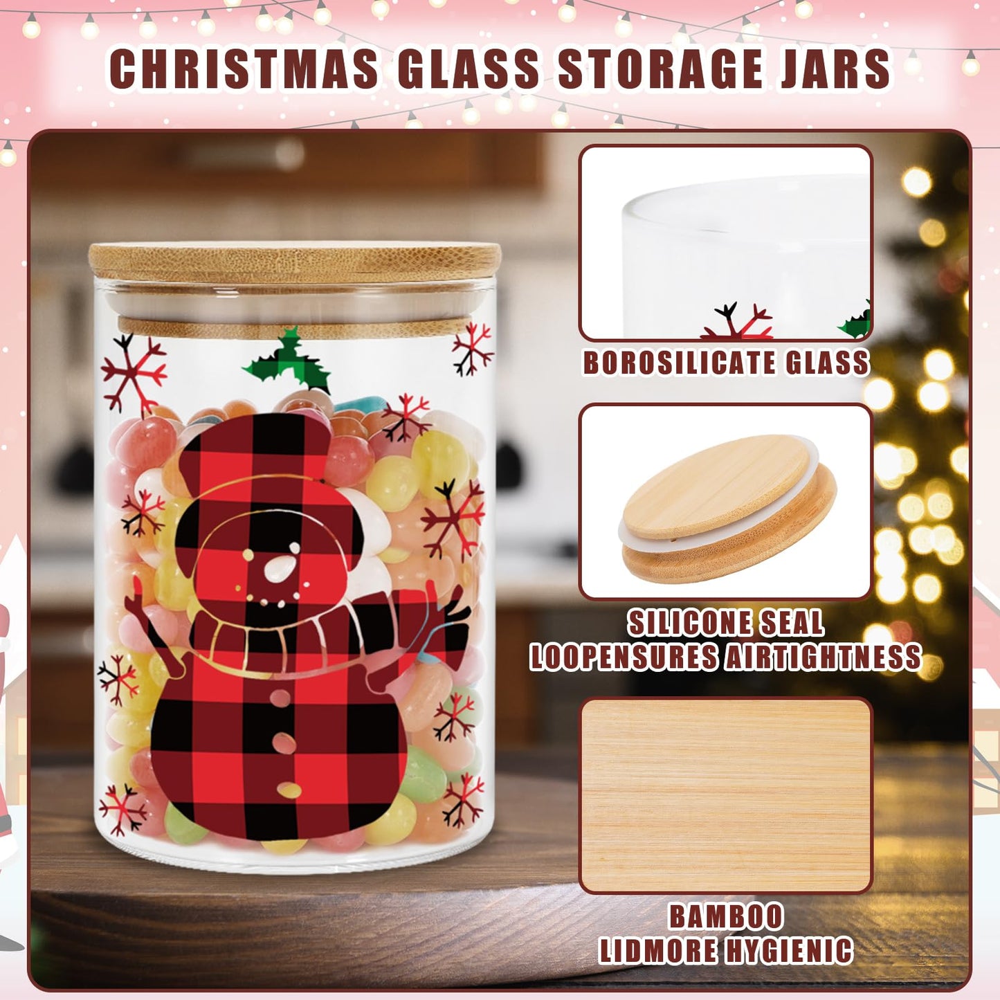 JarThenaAMCS 6Pcs Merry Christmas Glass Storage Jars with Airtight Lid Red Black Plaid Xmas Tree Snowman Reindeer Snowflake Canisters Sets for Home Kitchen Countertop