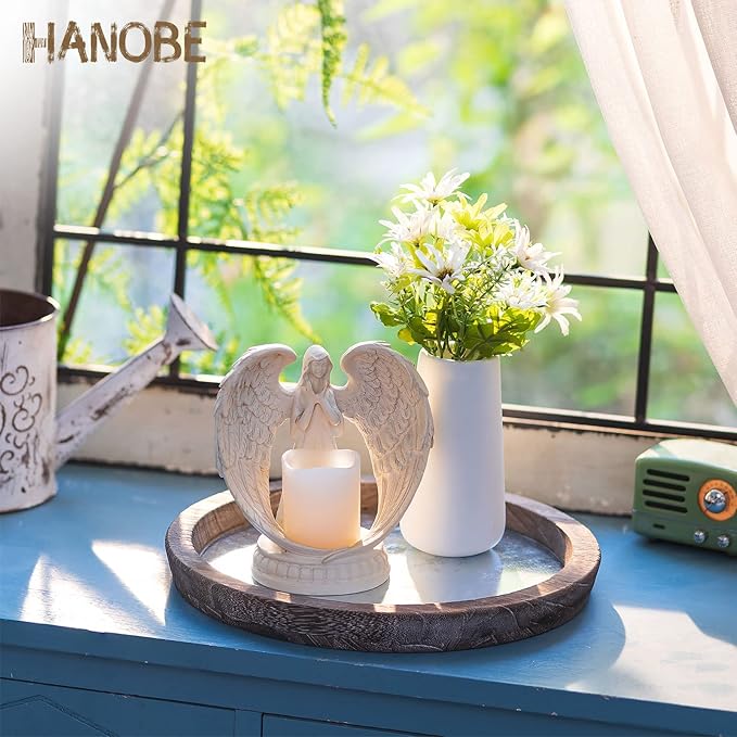 Hanobe Round Wood Decorative Tray: Rustic Wooden Trays for Coffee Table Farmhouse Centerpiece - Vintage Mirror Candle Tray for Home Decor Ottoman Bathroom Kitchen Organizer