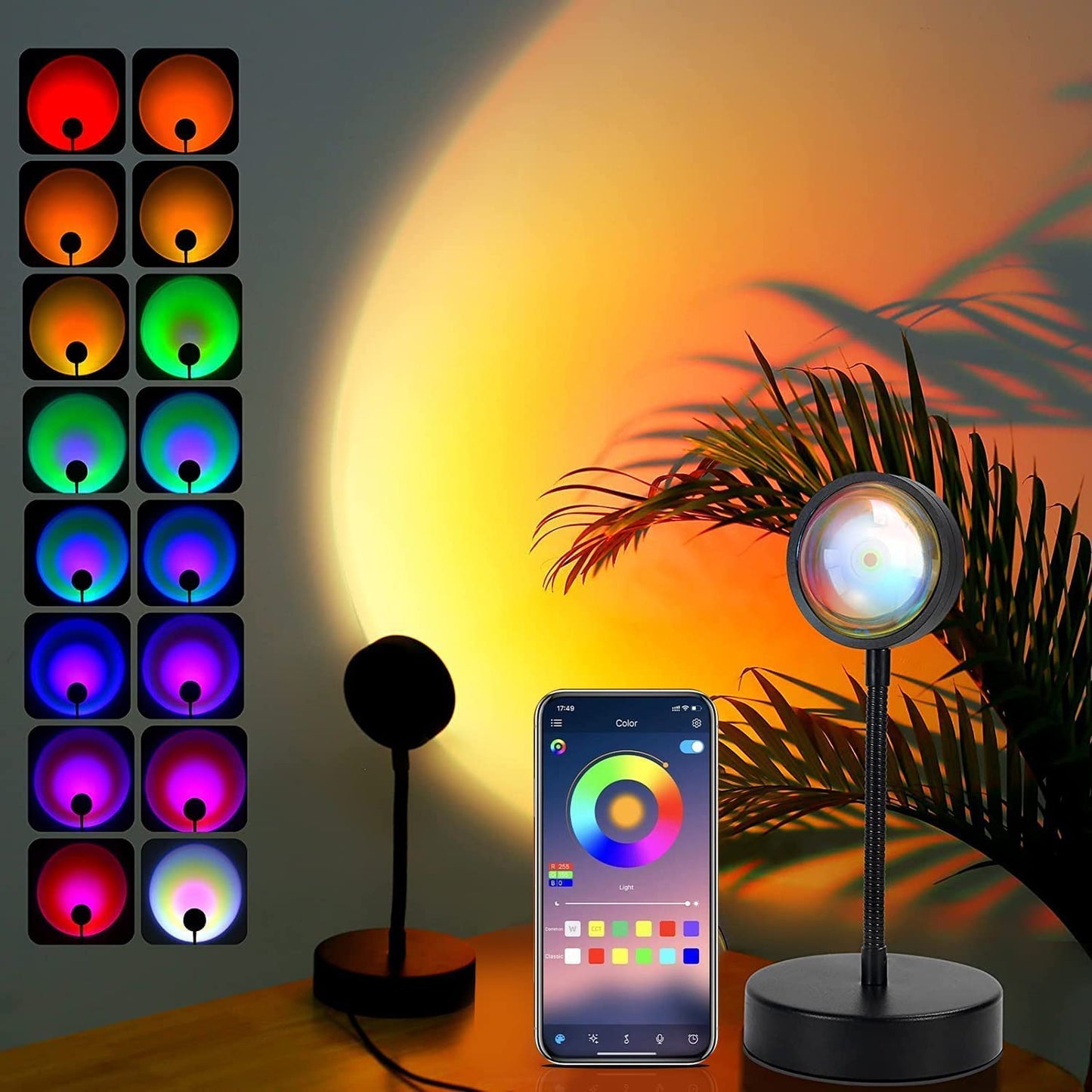 JIMEI Sunset Lamp Projector - Led Lights for Bedroom, RGB Sunrise Lamp, 10w, 360 Rotation, Mood Lighting, Home/Room Decor, Gifts for Women, Desktop APP Control