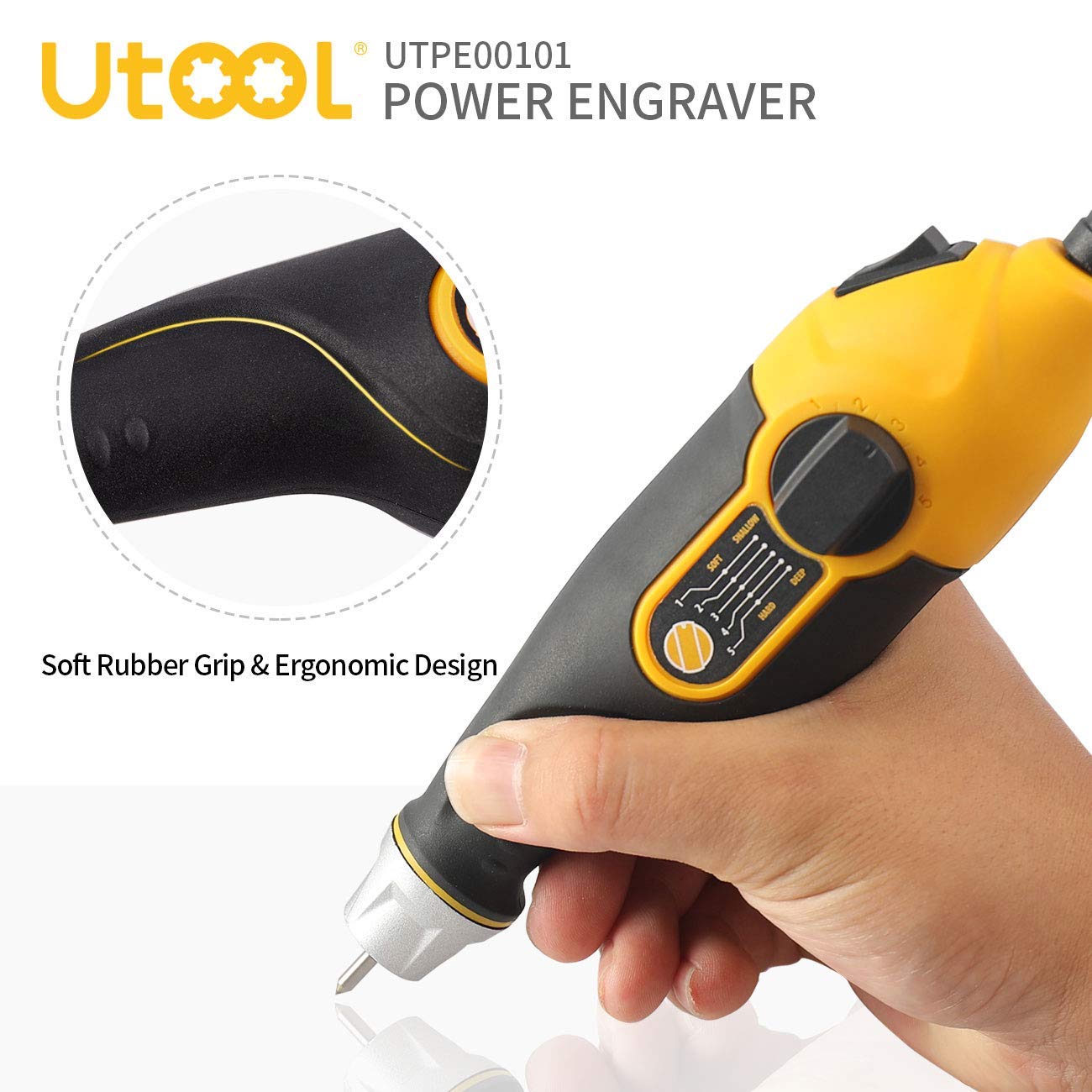 UTOOL Engraver Pen with Letter/Number Stencil, 24W Handheld Etching Tool for Wood Metal Glass Engraving with 4 Replaceable Tungsten Carbide Steel Bits