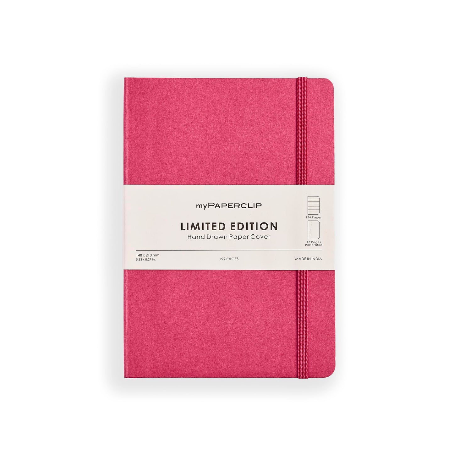 myPAPERCLIP Limited Edition A5 Ruled Notebook | 192 Pages, 100 GSM, Soft Cover, A5 (5.83 × 8.27 in) | Flat Lay | Bookmark & Elastic Closure | Raspberry