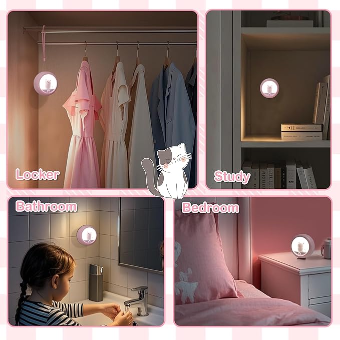 Attivolife Cat Rechargeable Motion Sensor Night Light, Magnetic Nightlights with Adjustable Brightness, Warm White LED Stick Anywhere Cat Lamp for Wall Bedroom Closet Stairs Cabinet (Pink 2 Pack)