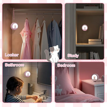 Attivolife Cat Rechargeable Motion Sensor Night Light, Magnetic Nightlights with Adjustable Brightness, Warm White LED Stick Anywhere Cat Lamp for Wall Bedroom Closet Stairs Cabinet (Pink 2 Pack)