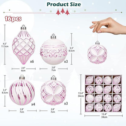 16PCS Shatterproof Christmas Ball Ornaments Set, Hand-Painted Holiday Decor with Assorted Sizes & Designs for Christmas Tree Thanksgiving Party Decoration, Pink-White