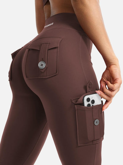 YEOREO CoreFlex Women Workout Flare Leggings with Pockets Hidden Scrunch High Waisted Cargo Gym Yoga No Front Seam Leggings (Chocolate, Small, 30" Inseam)