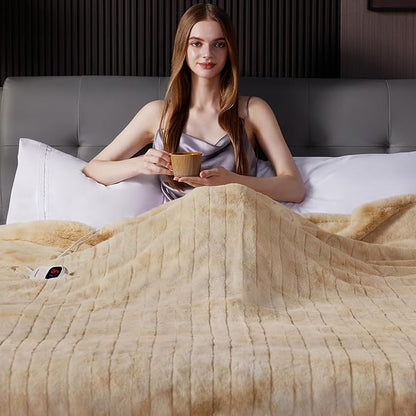 Guohaoi Heated Blanket Electric Throw, Soft Faux Rabbit Fur Electric Blanket with 10 Heating Levels 5 Sitting Timer Auto Off, Cozy Warm Heating Blankets, Machine Washable(84"×90" Beige)